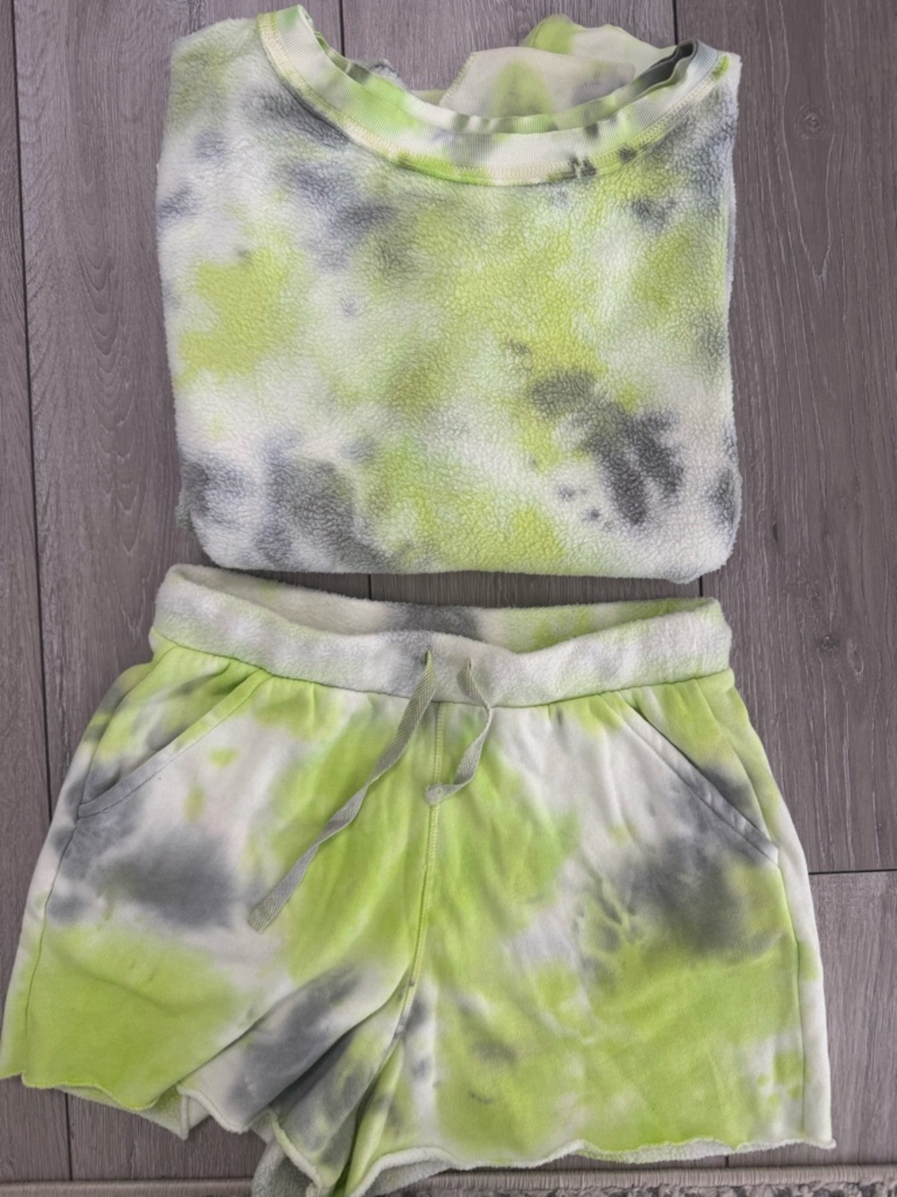Free People Lime Green & Gray Tie-Dye Crewneck and Lounge Shorts Set